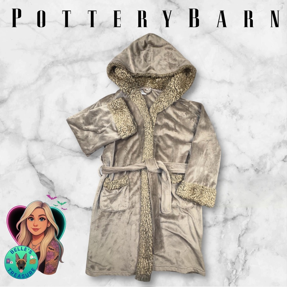 Pottery Barn Women's One Size Faux Fur Hooded Robe Beige Soft Plush Belted‎ Long